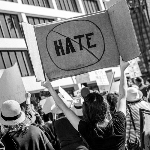 Photo of a woman carrying a sign that says 'No Hate' at a protest in Los Angeles, California 2017.